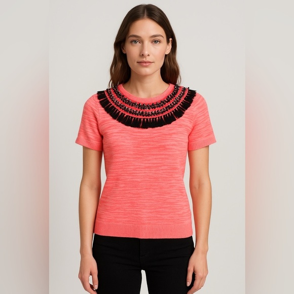 MILLY Knit Top Neon Pink Beaded Sz Small/P - Picture 1 of 7